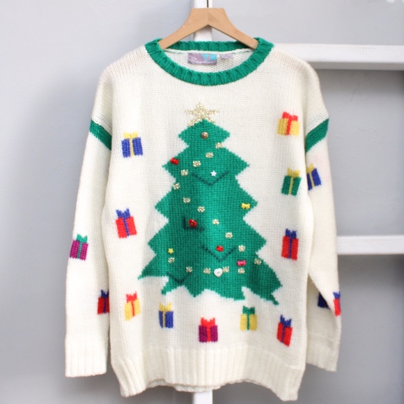 American Vintage Sweaters - Pinwheels VTG Christmas Tree Presents Ugly Christmas Knit Sweater Size Medium